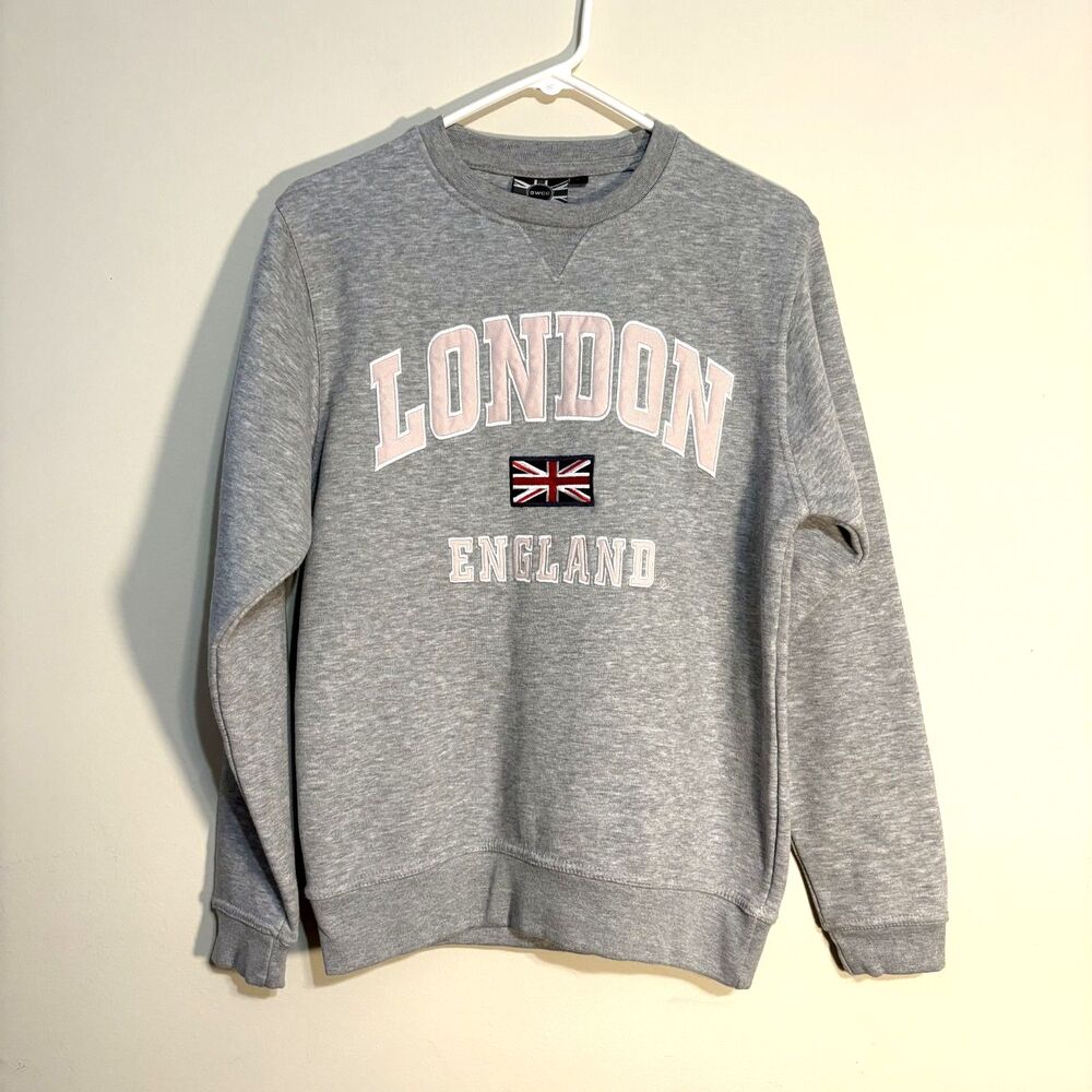 London England Crewneck Gray Small Pink Letters Union Jack Flag